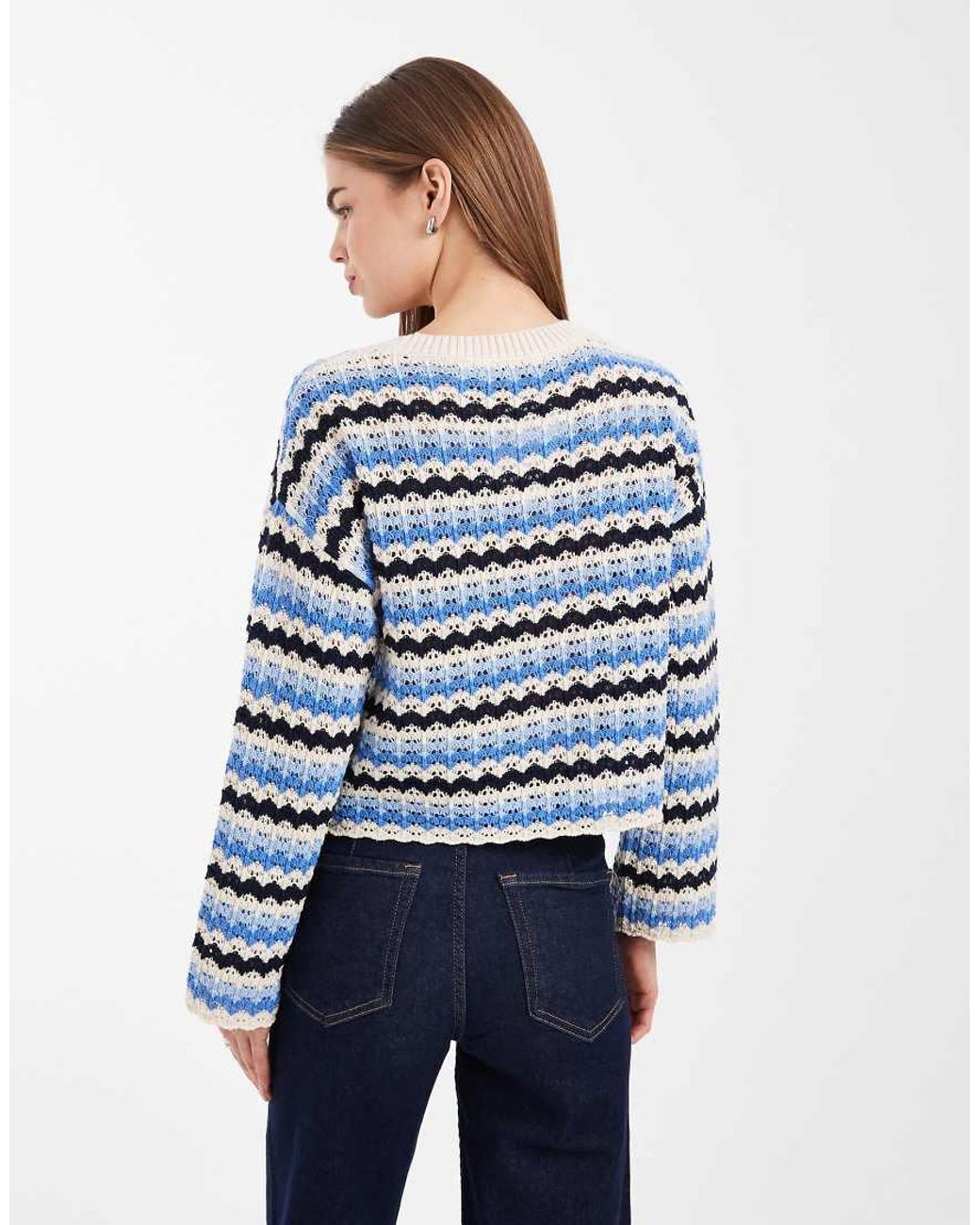 ONLY Blue Long Sleeve Cropped Crochet Top