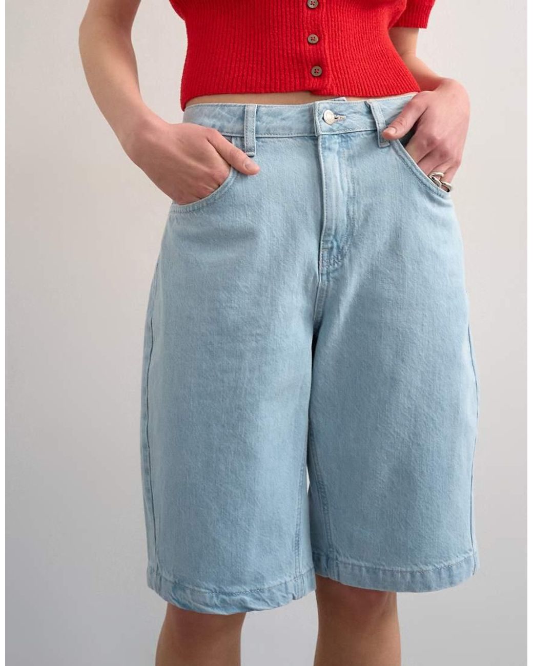 TOPSHOP Red Denim Longline Shorts