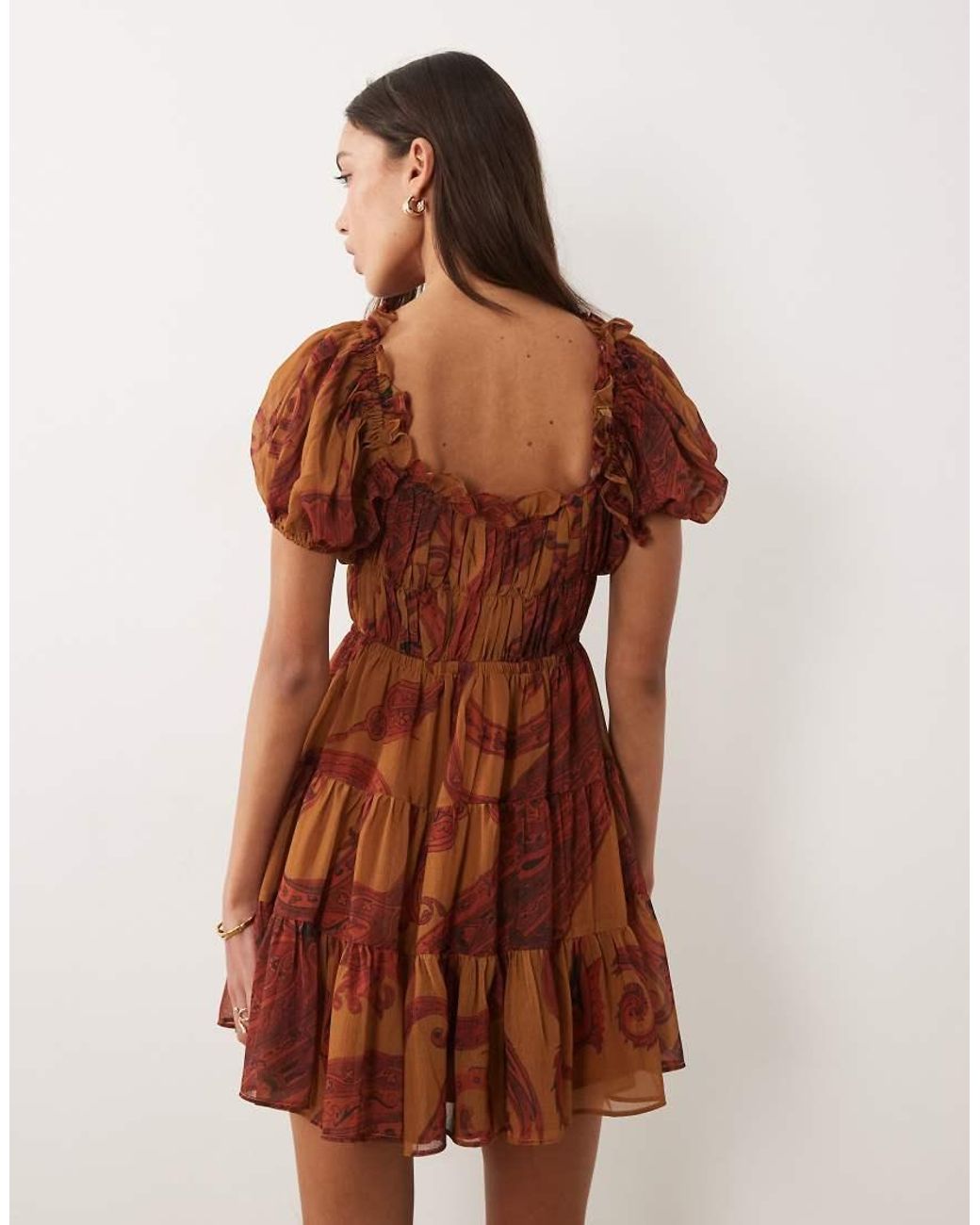 ASOS Brown Boho Ruffle Puff Sleeve Mini Dress
