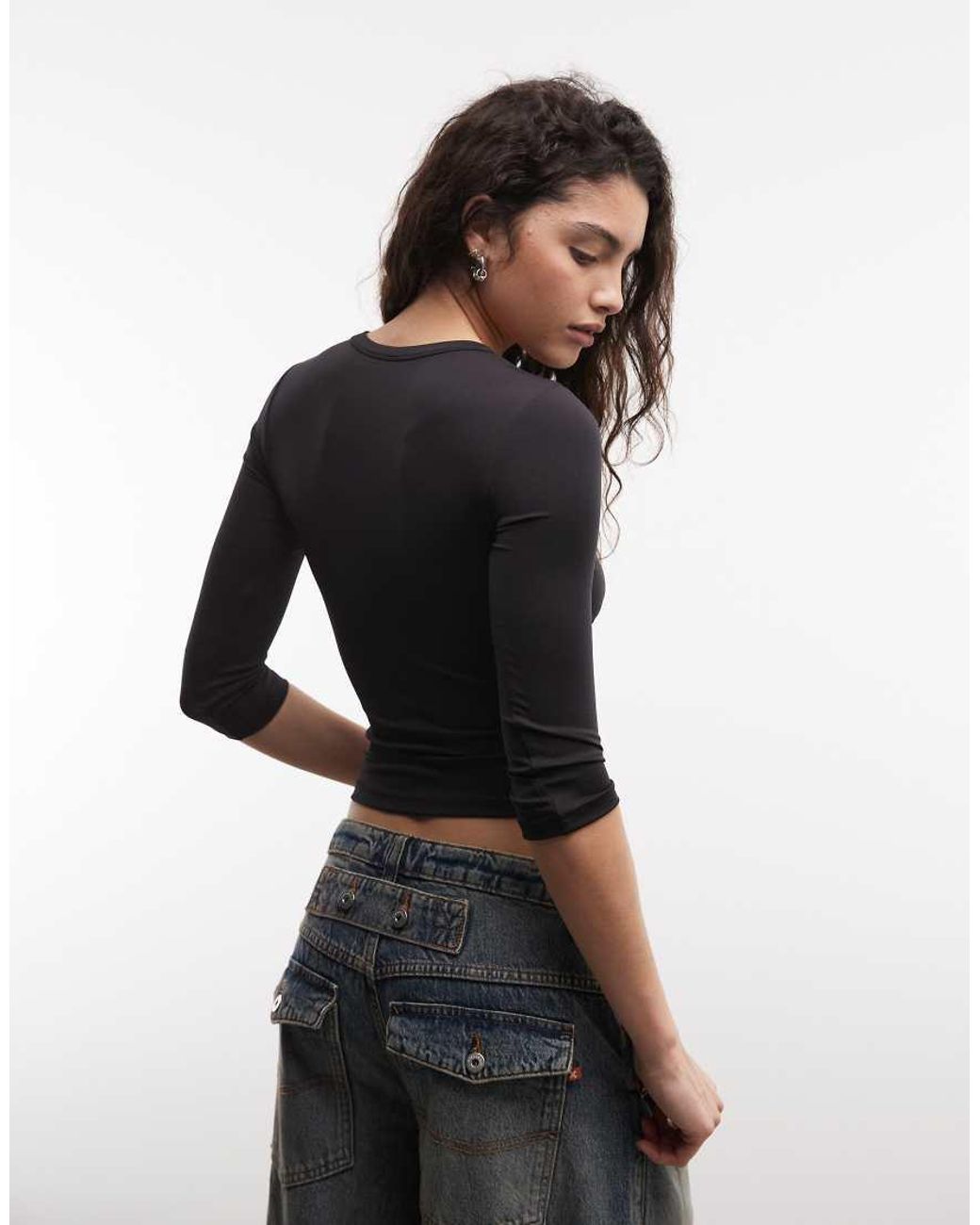 Collusion Black Plunge V Neck 3/4 Sleeve Top