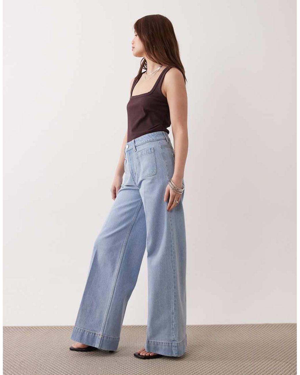 ASOS Blue Asos Design Petite High Waist Wide Leg Jeans With Front Pockets