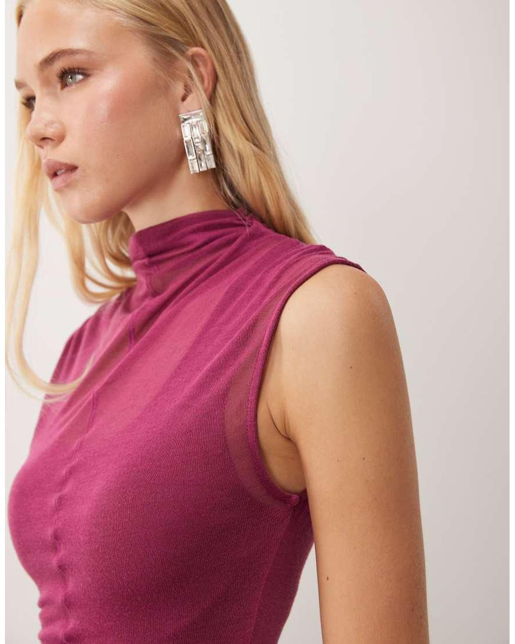 ASOS Purple Semi Sheer Knit Look High Neck Sleeveless Column Maxi Dress