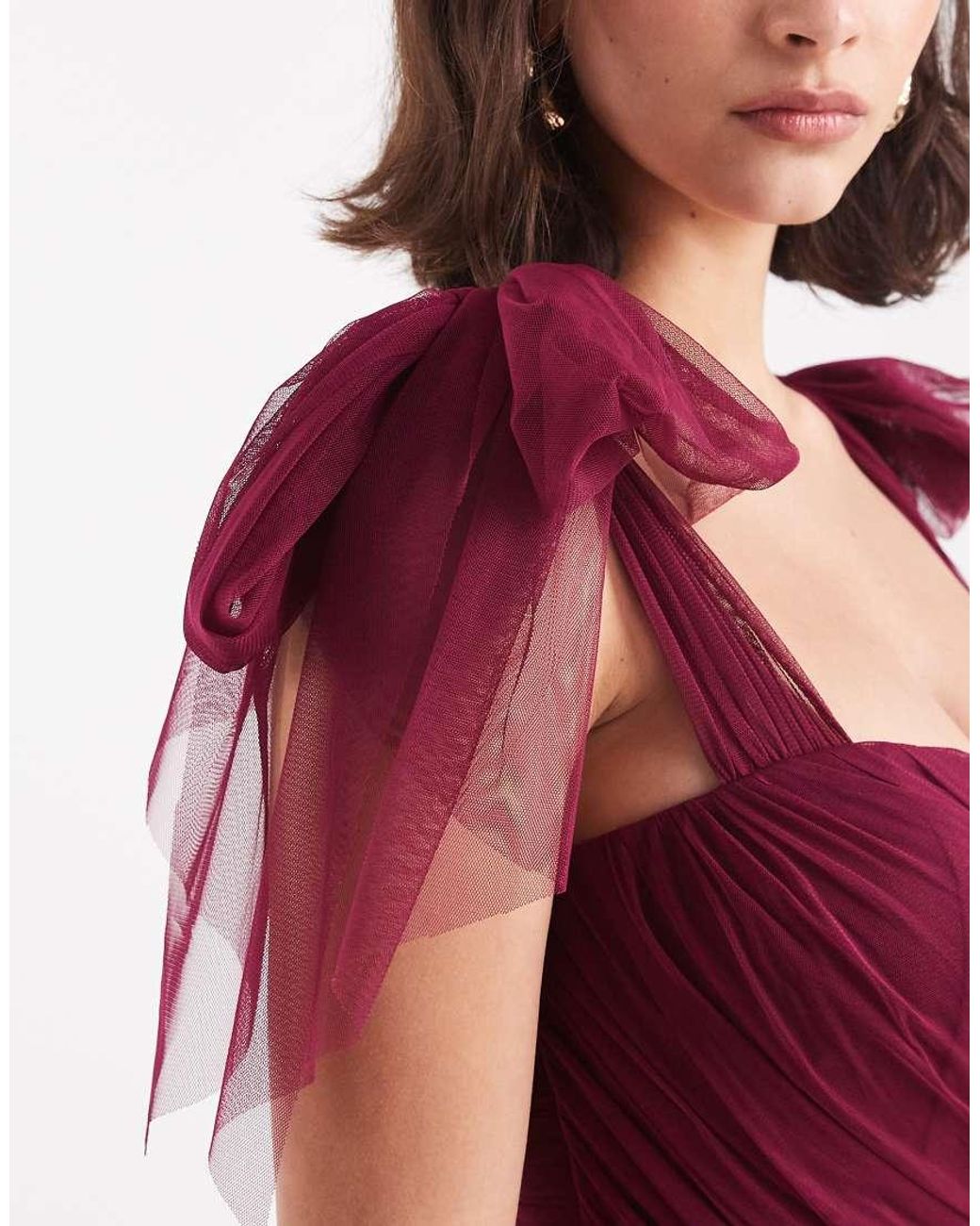 LACE & BEADS Red Bridesmaid Bow Shoulder Tulle Maxi Dress