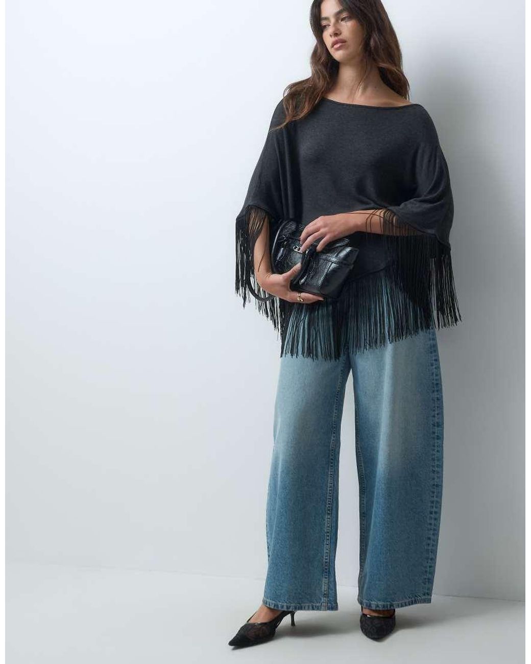 ASOS Blue Off Shoulder Cape With Fringe Top