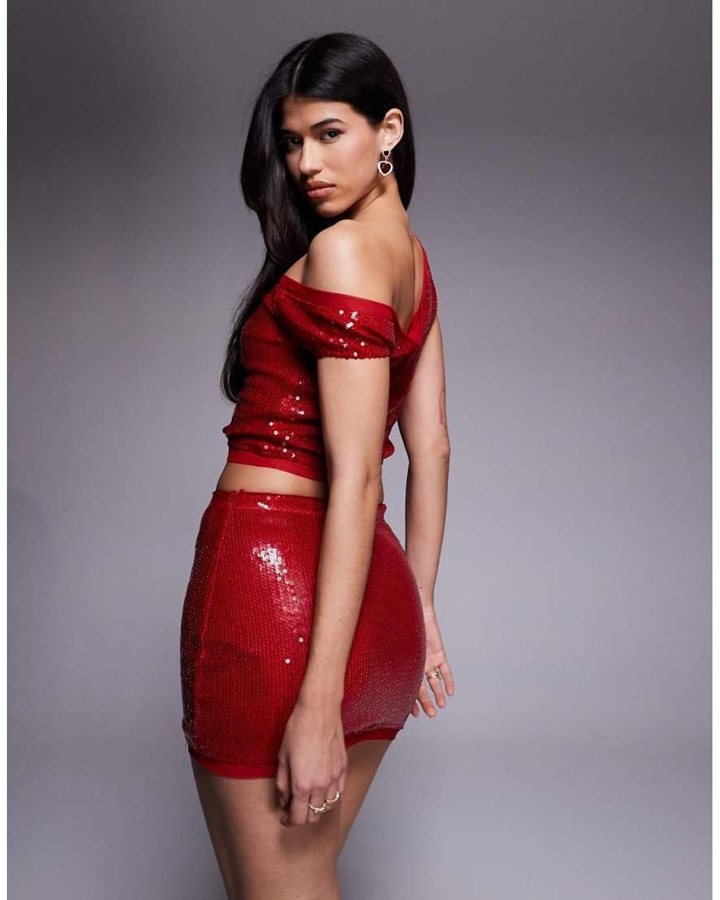 ASOS Red Co-Ord Sequin Mesh Mix Mini Skirt