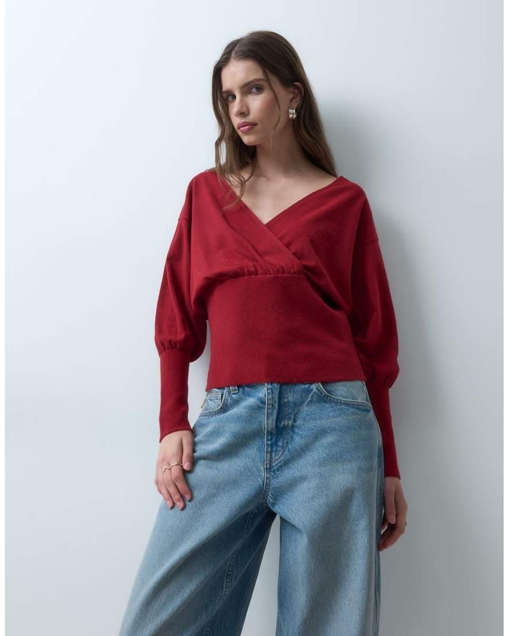ASOS Red Knitted Ribbed Wrap Waist Jumper