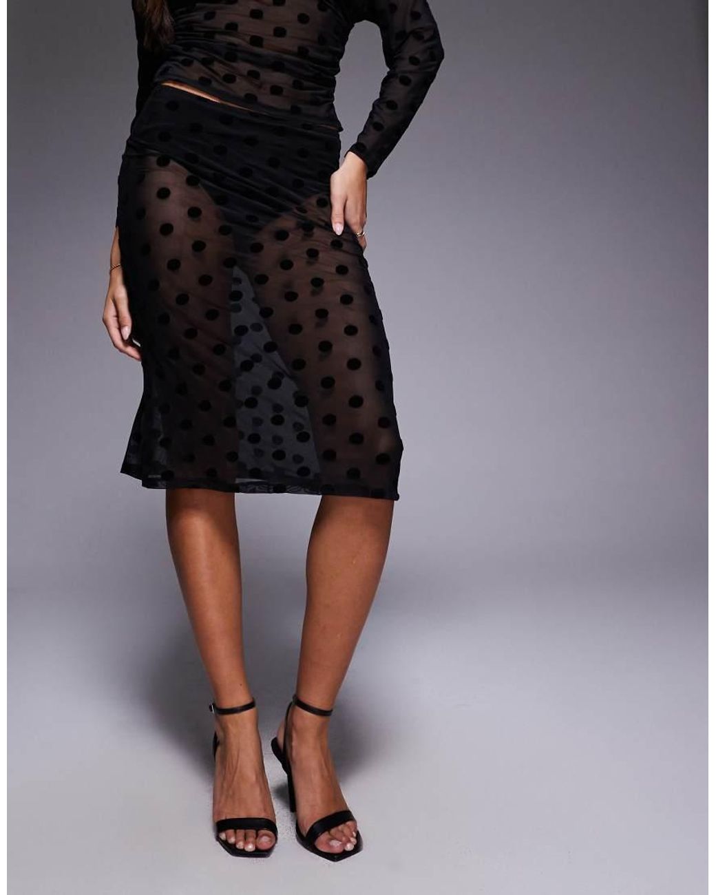 ASOS Black Flocked Polka Dot Mesh Sheer Awkward Length Skirt