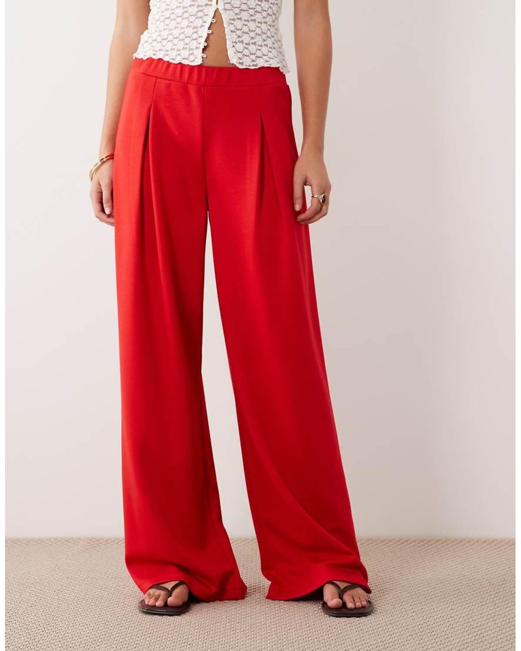 ASOS Red Co-ord Interlock Pleated Pull On Wide Leg Trousers