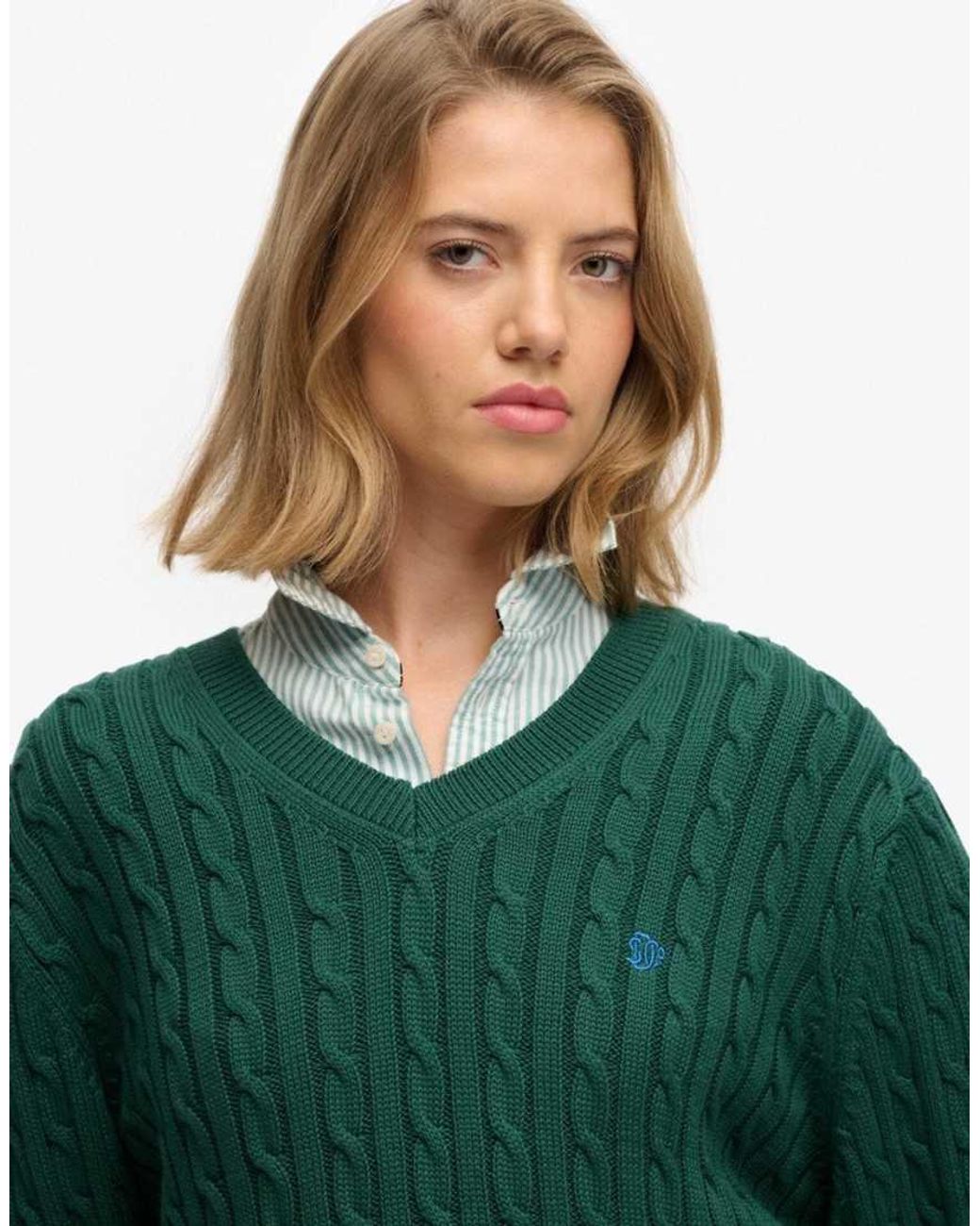 Superdry Green Oversized V Neck Cable Jumper