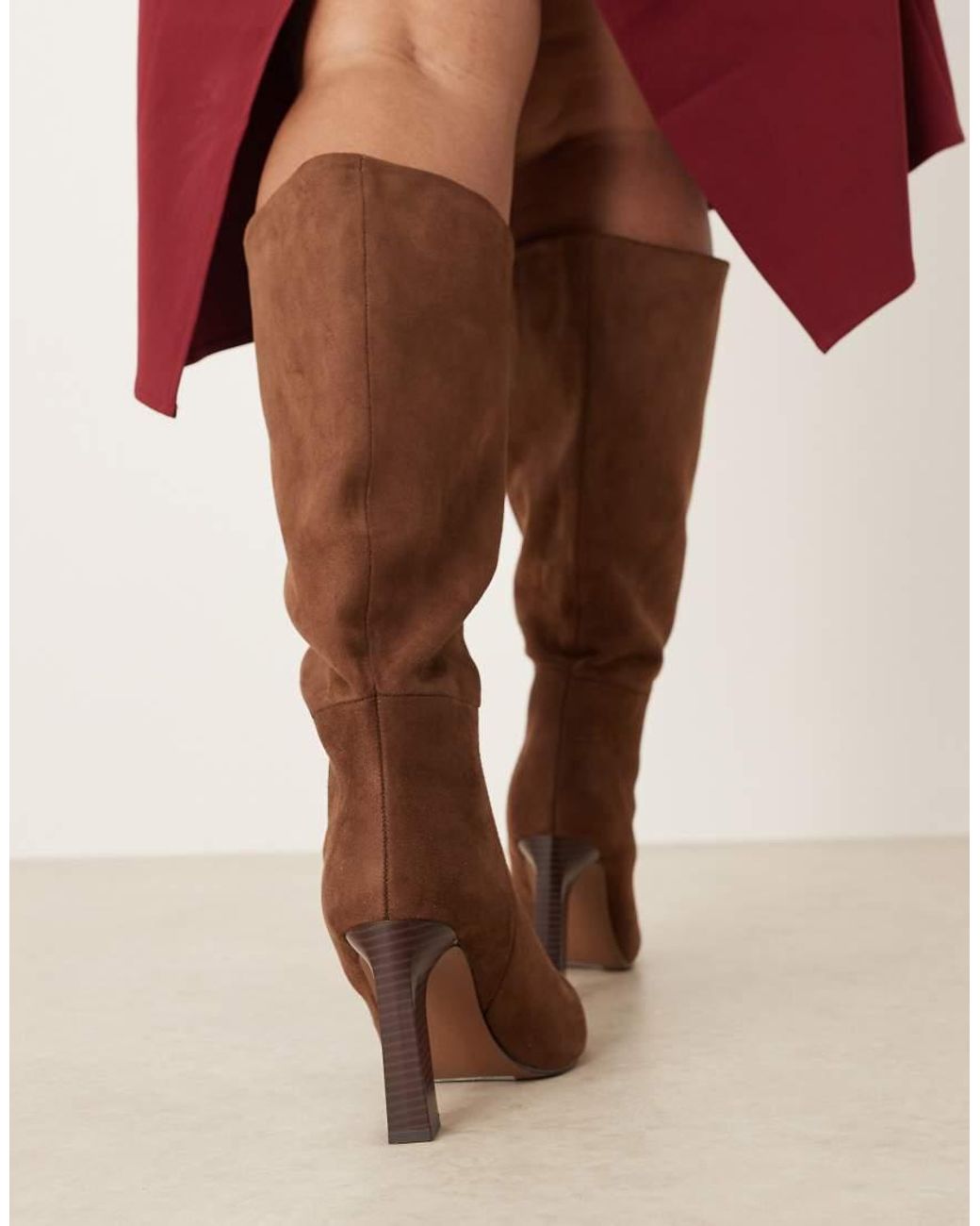 ASOS Brown Curve Carly Block Heel Pull On Knee Boots