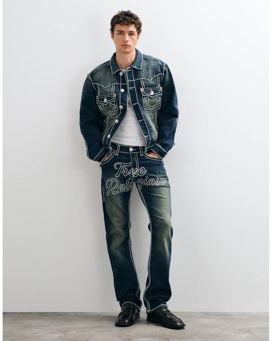 True Religion Blue Oversized Fit Rope Stitch Back Print Jimmy Trucker Jacket for men