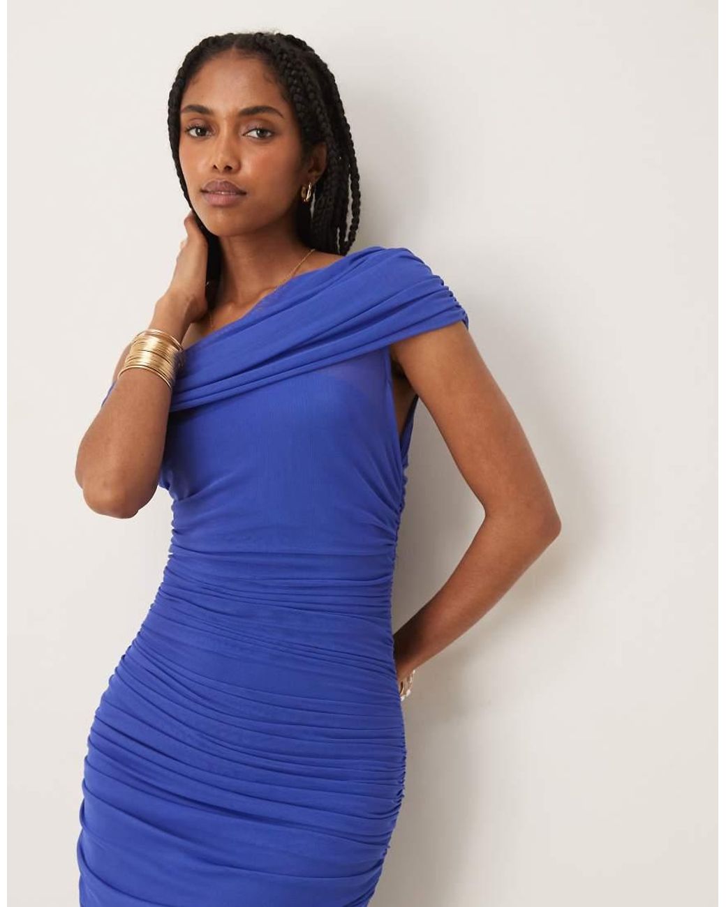 Forever New Blue Mesh Ruched Asymmetrical Midaxi Dress