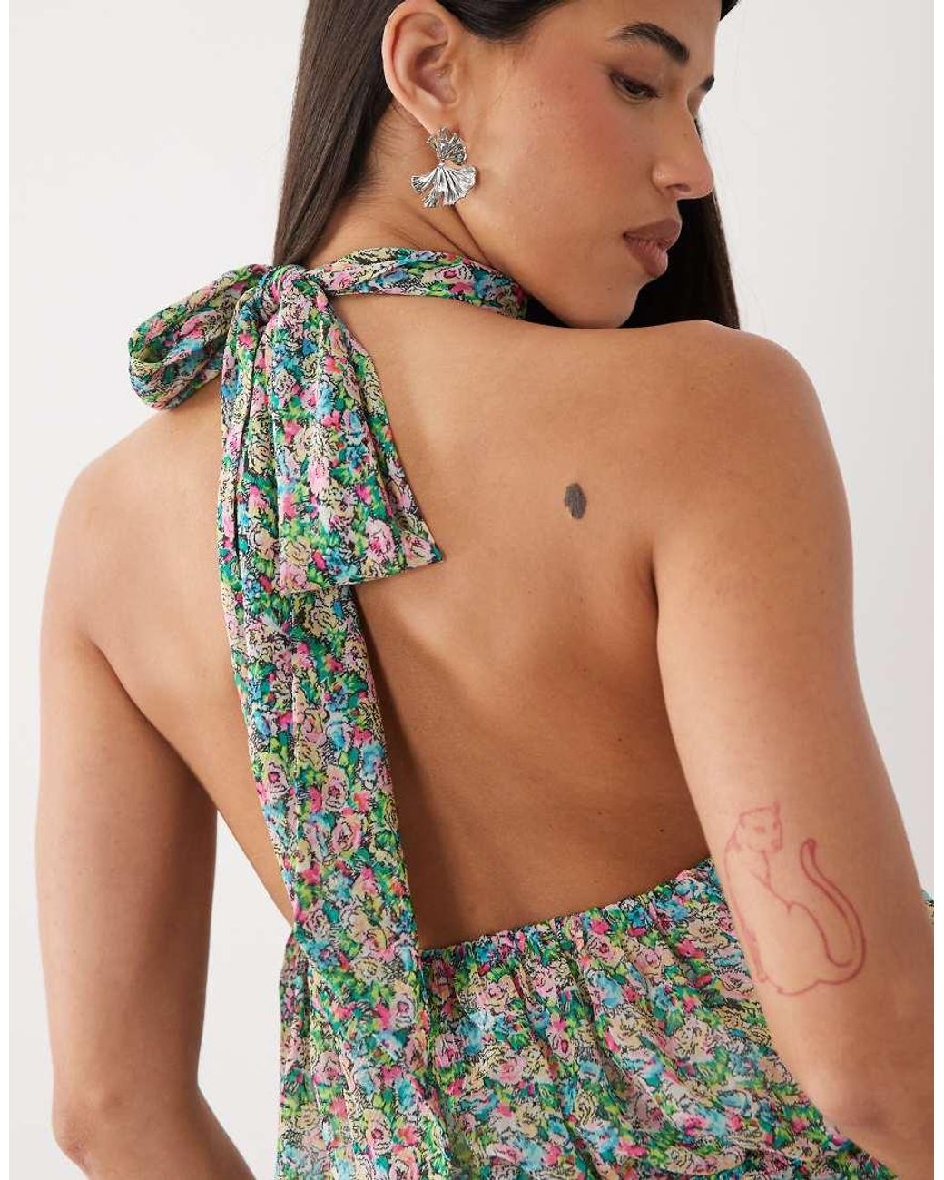 AFRM Gray Logain Polo Neck Halter Lace Trim Playsuit
