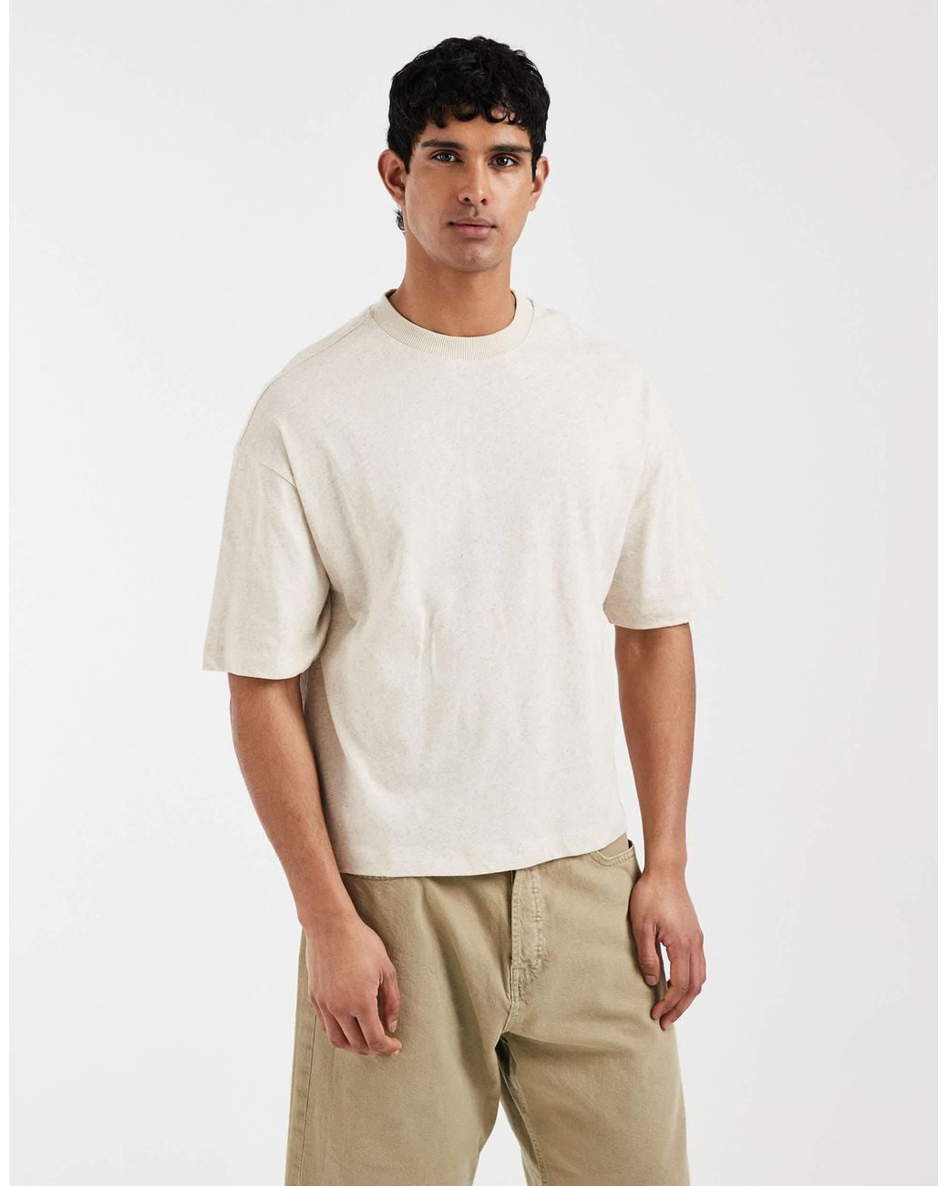 ASOS Natural Boxy Oversized Linen Mix T-shirt With Back Text Graphic for men