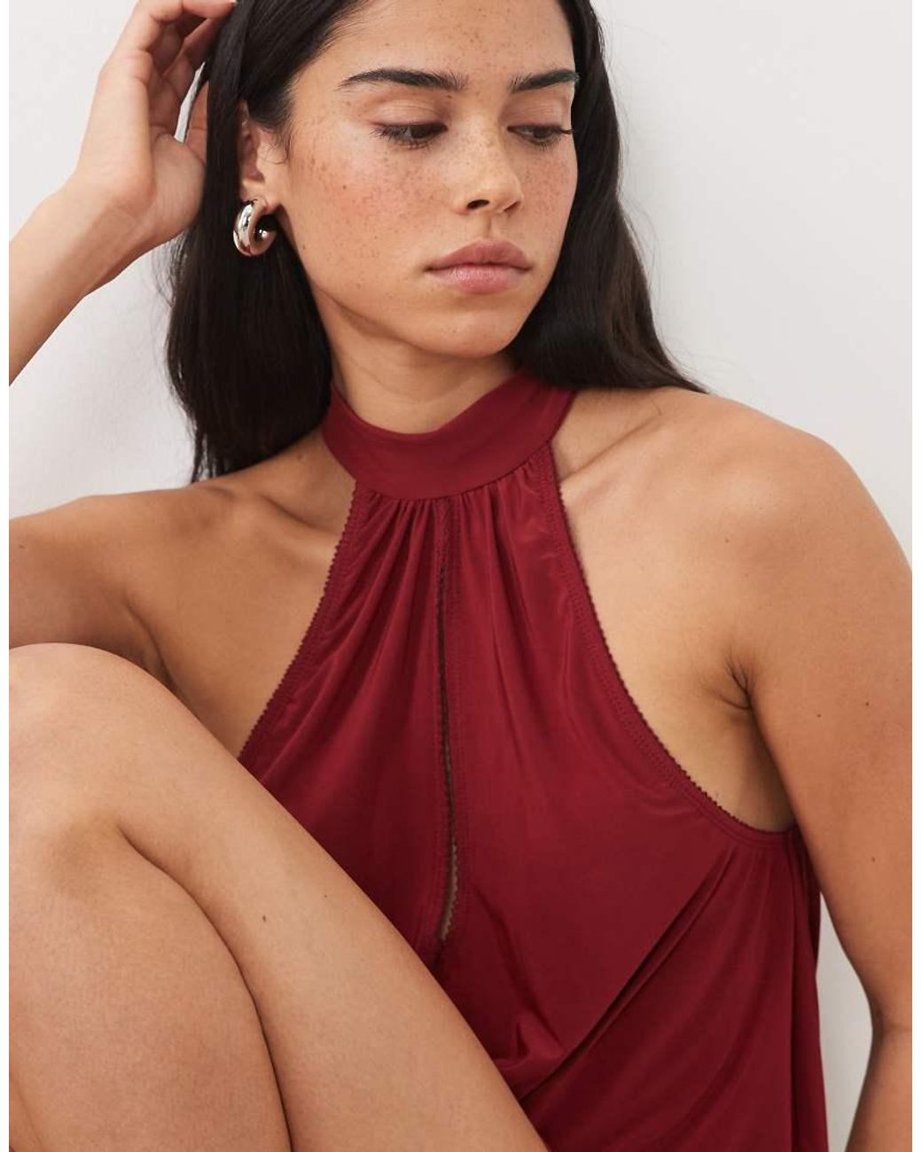 Miss Selfridge Red Keyhole Playsuit With Picot Trim