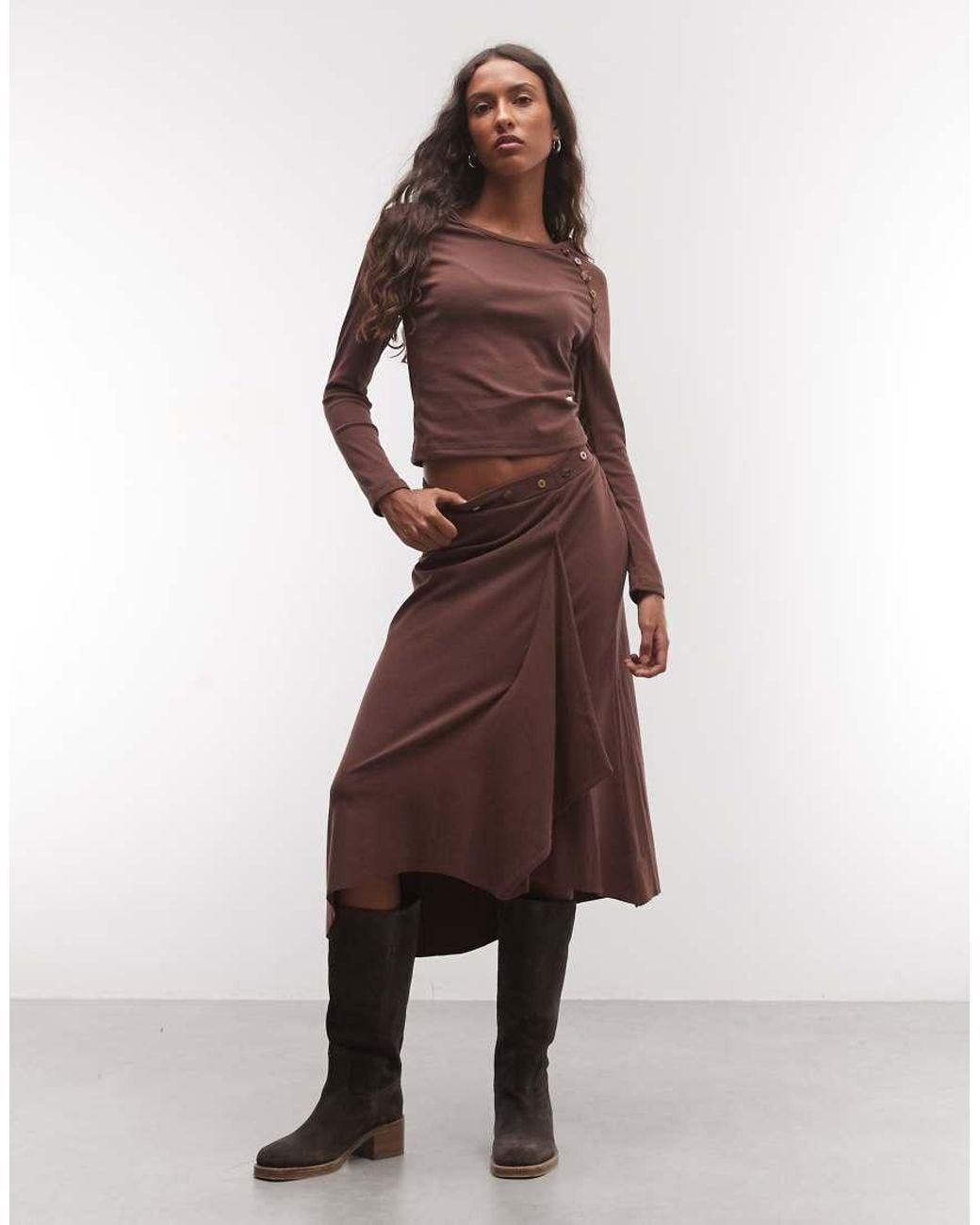 Daisy Street Brown Asymmetric Midi Skirt