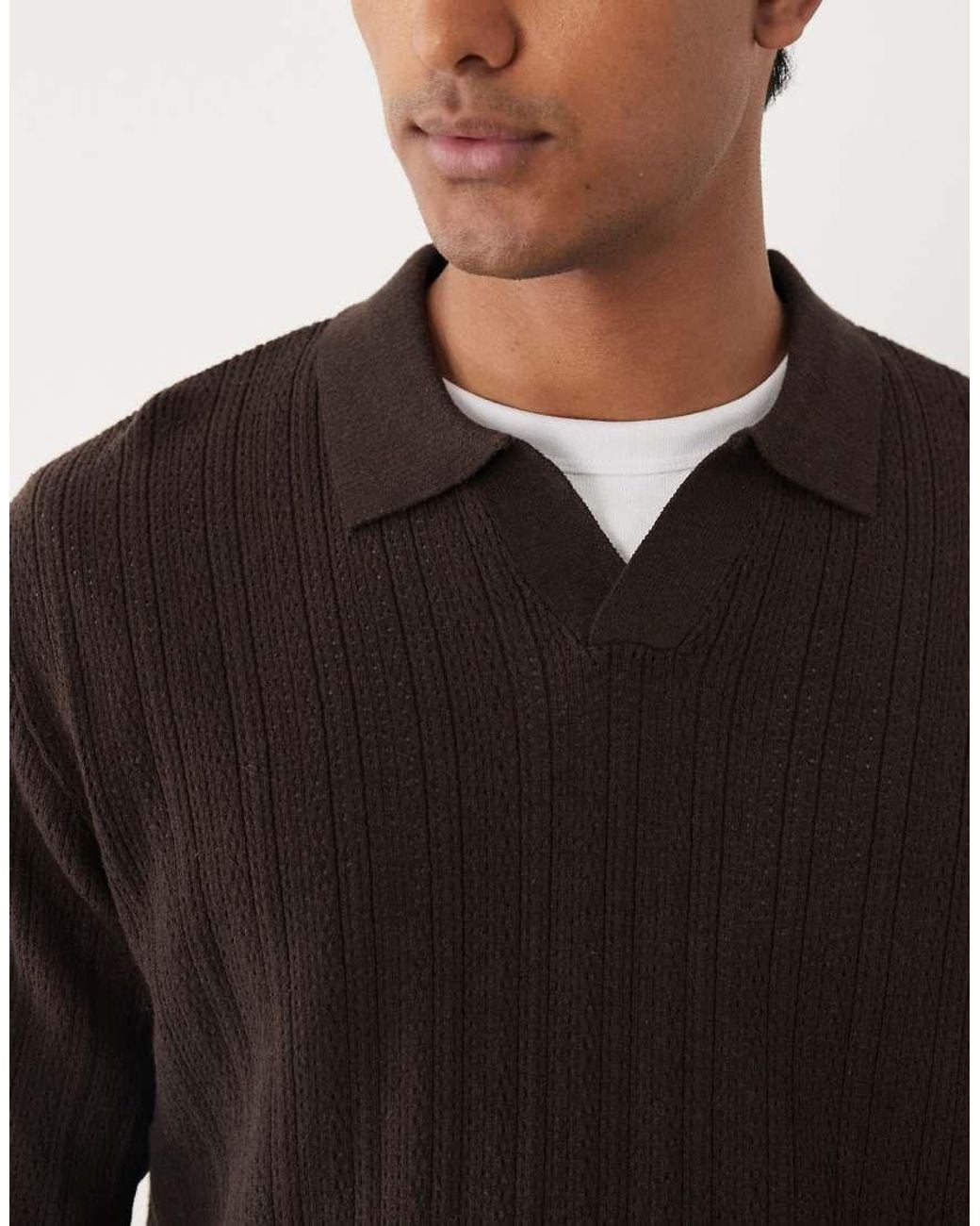Redefined Rebel Brown Boxy Oversized V-neck Knitted Jumper With Collar for men