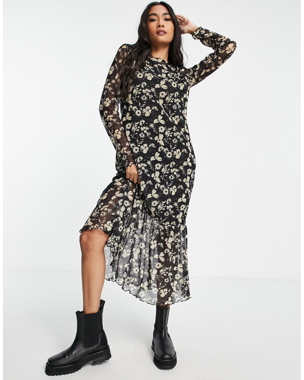 & Other Stories Long Sleeve Floral Mesh Midi Dress in Black | Lyst