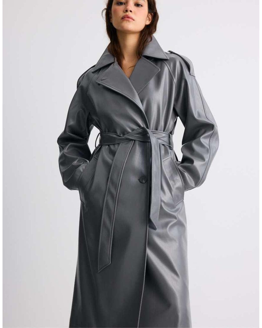 Stradivarius Black Long Leather Effect Trench Coat