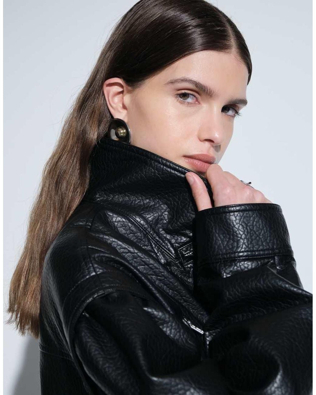 TOPSHOP Blue Faux Leather Cropped Bomber With Zips