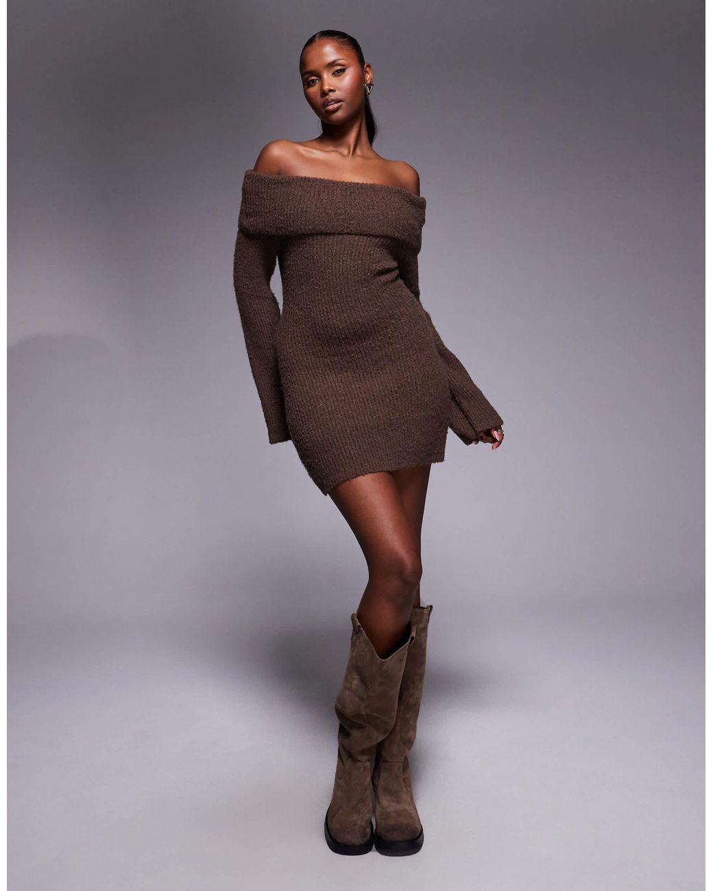 knee length dresses for ladies Ruched Bardot Mini Dress | Rib Knit Dress | Brown