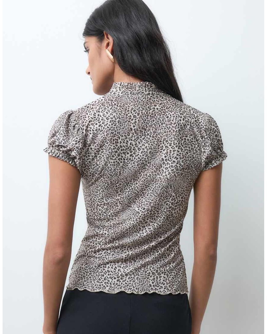 Miss Selfridge Gray Leopard Print Tie Neck Top