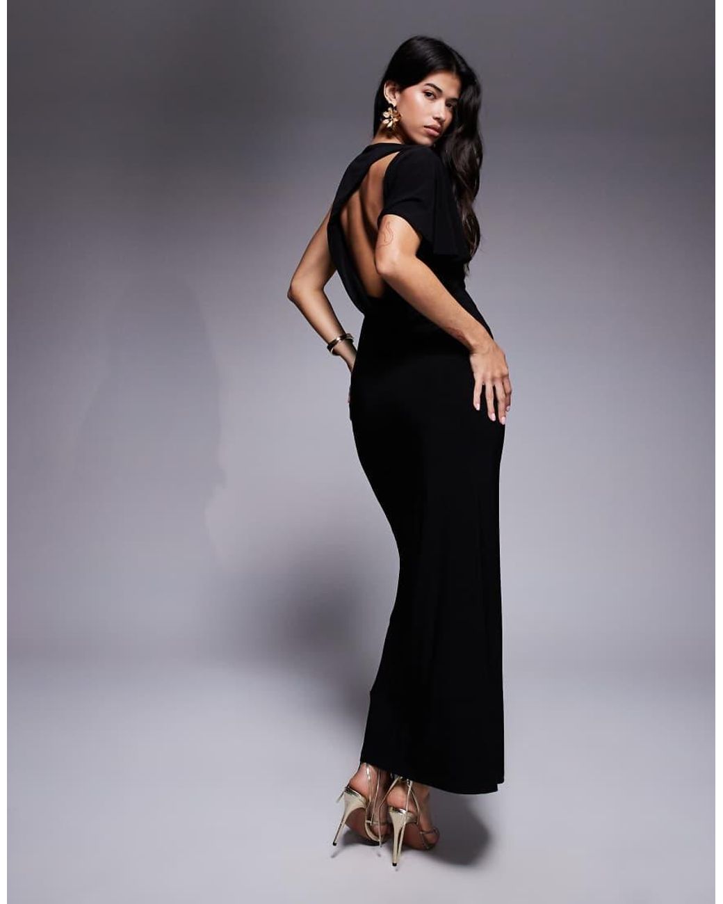 Forever New Black Asymmetric Open Back Jersey Maxi Dress