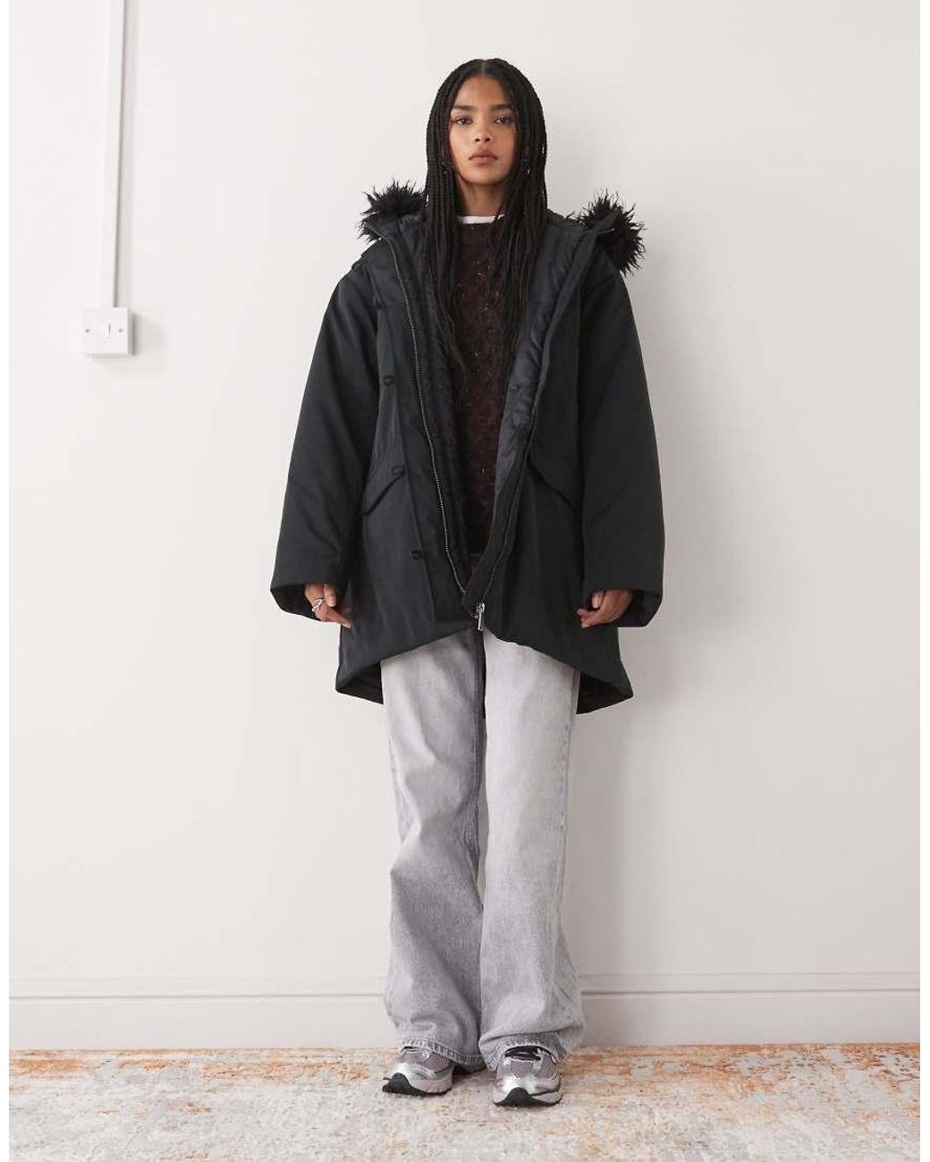Weekday Black Oversized Parka Coat With Detachable Faux Fur Detail