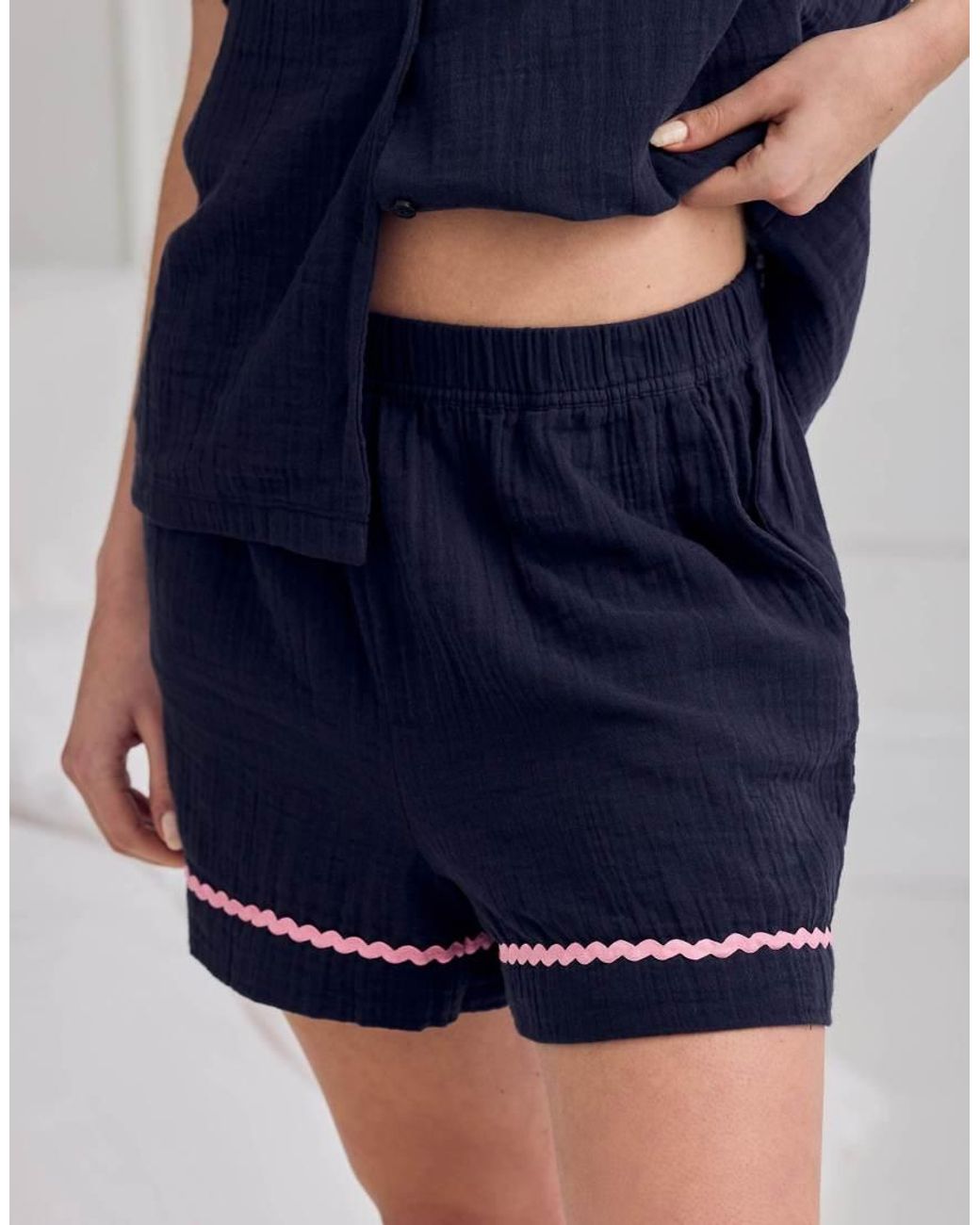 Chelsea Peers Blue Cotton Cheesecloth Embroidered Le Soleil Short Pyjama Set