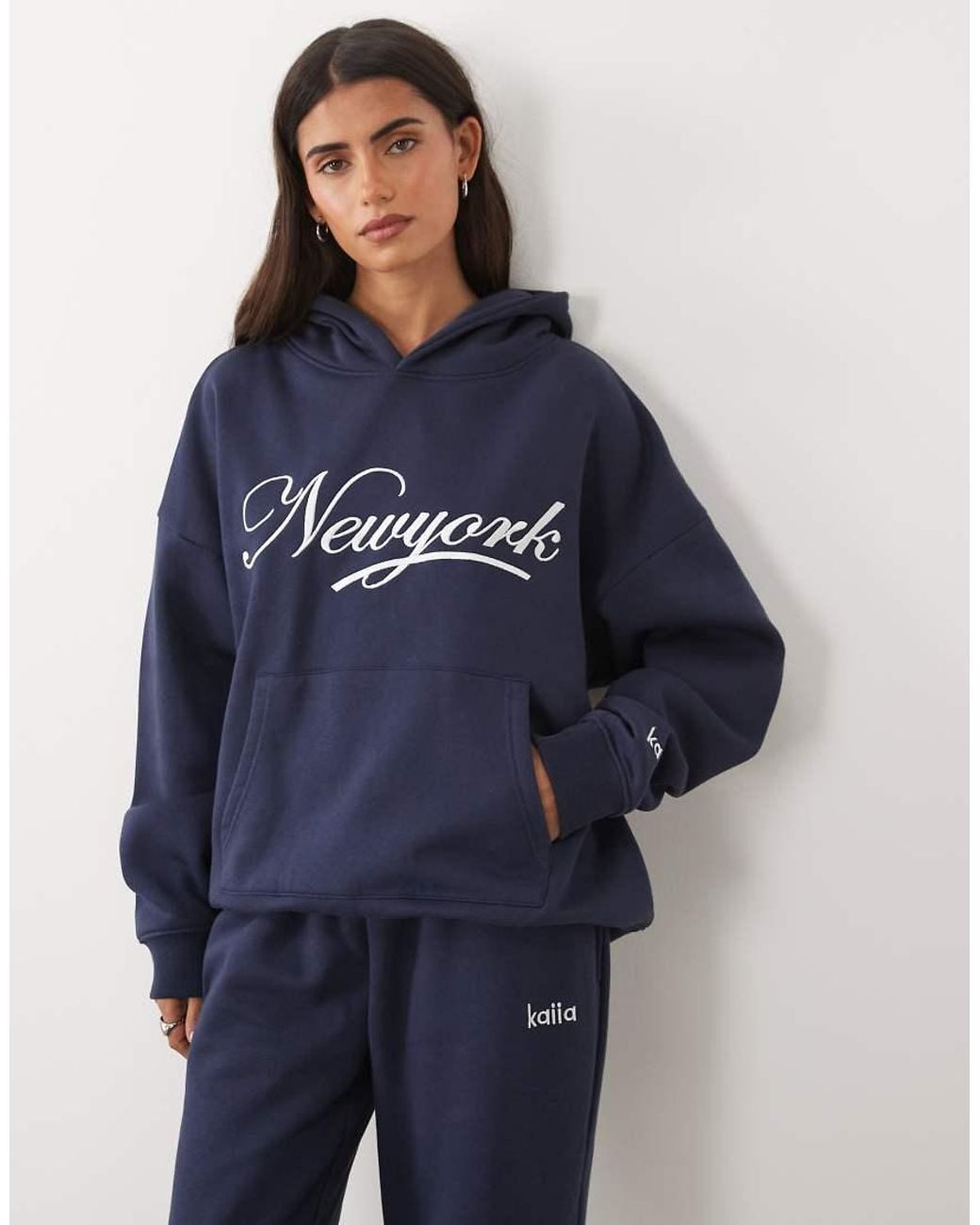 Kaiia Blue Cotton Rich Embroidered New York Script Logo Oversized Hoodie Co-ord