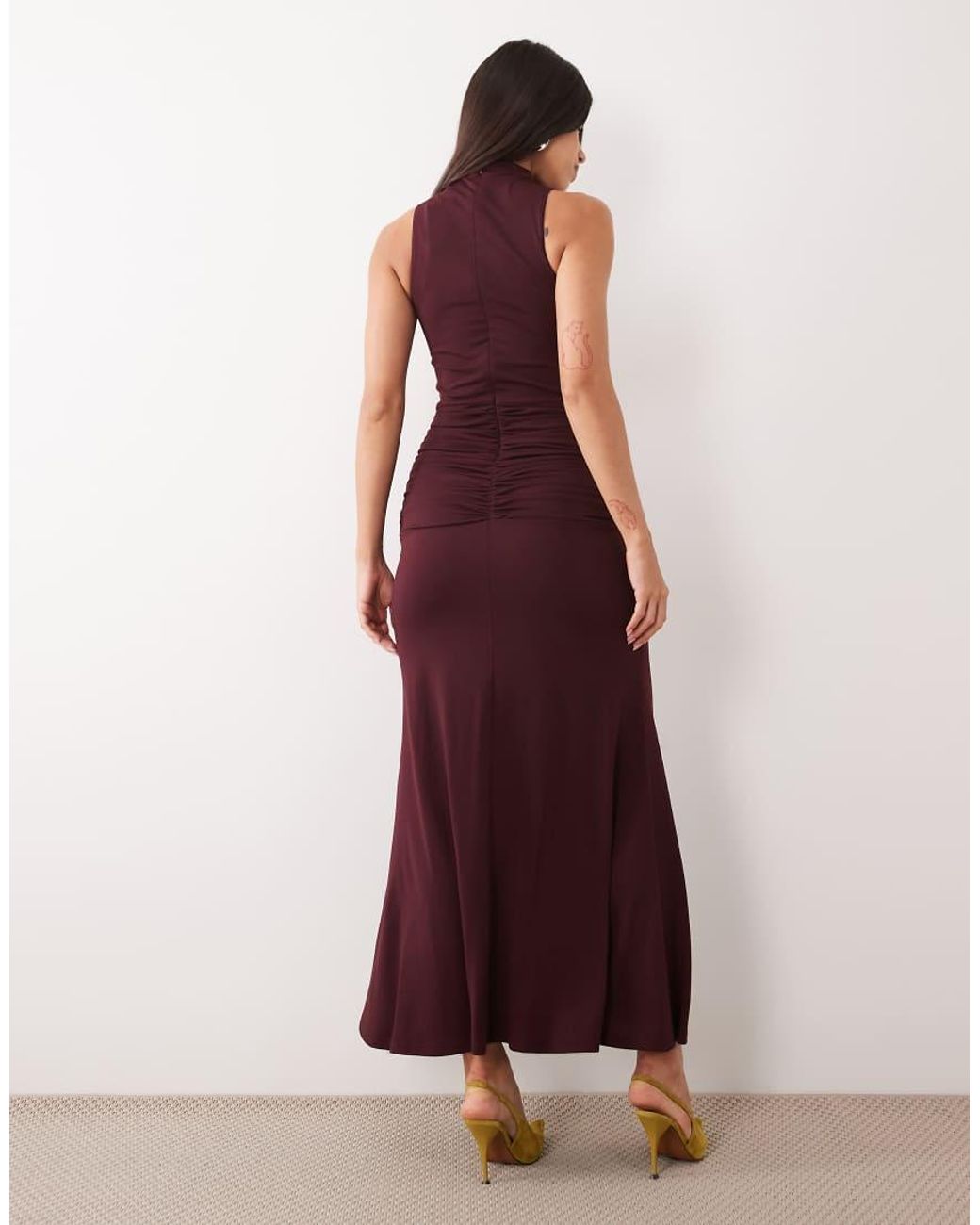 Pretty Lavish Brown Slinky High Neck Tie Front Ruched Maxi Dress
