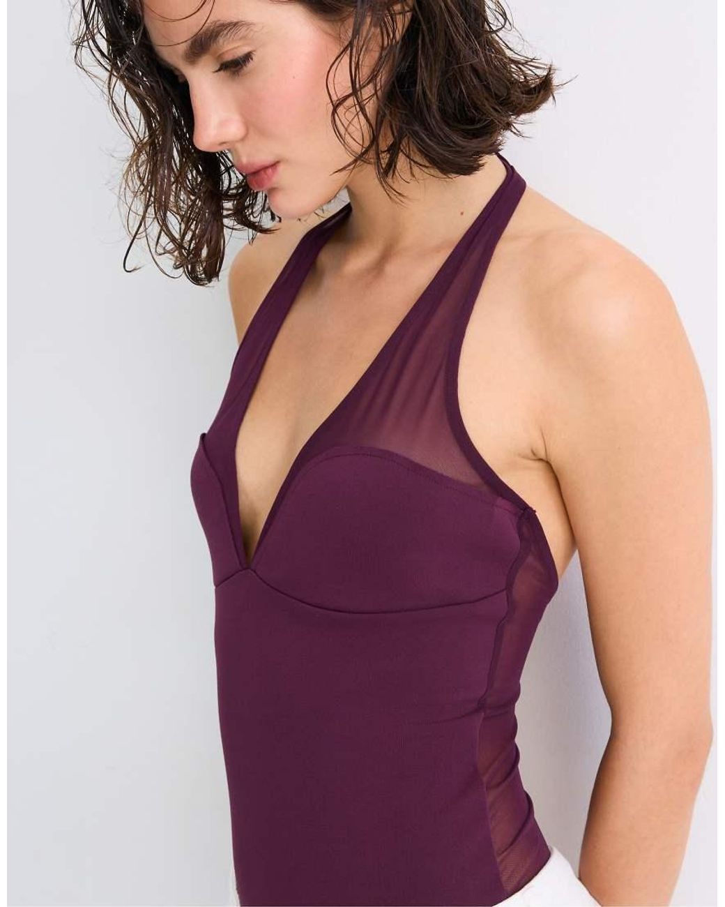 Stradivarius Red Mesh Halter Bodysuit