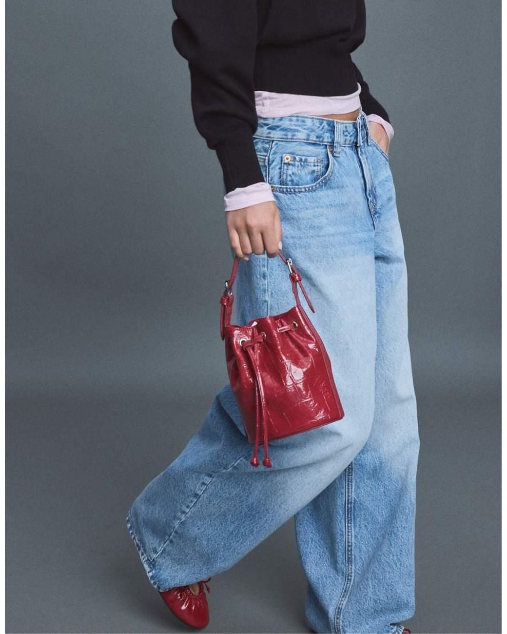 Stradivarius Red Mock-Croc Bucket Bag