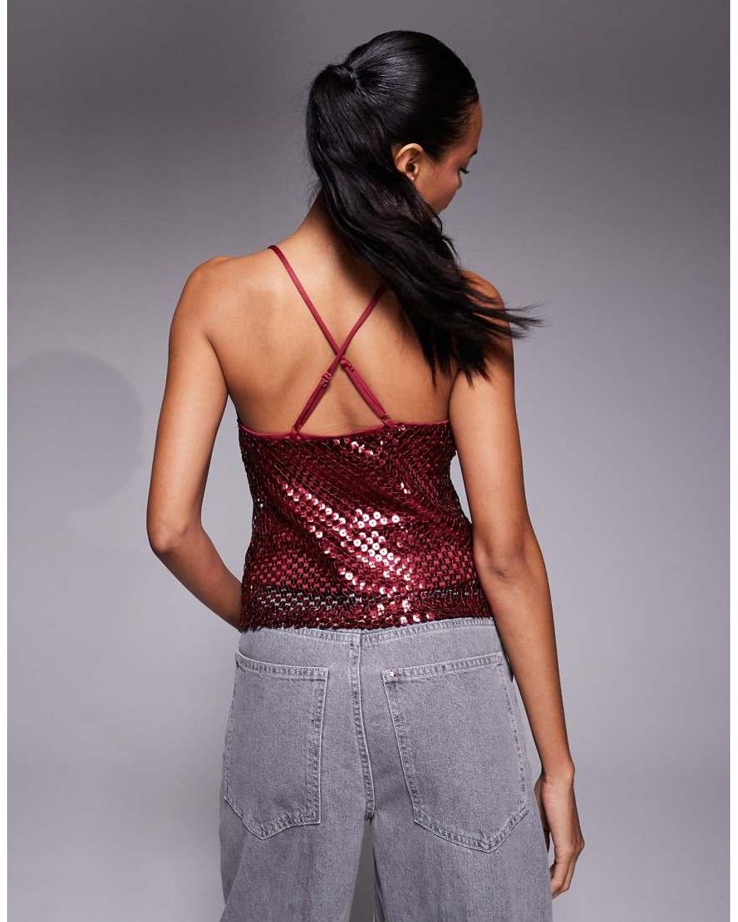 River Island Red Sequin Drape Cami Top