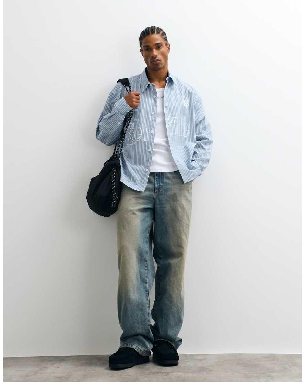 ASOS Blue Boxy Oversized Stripe Shirt With Front Print for men