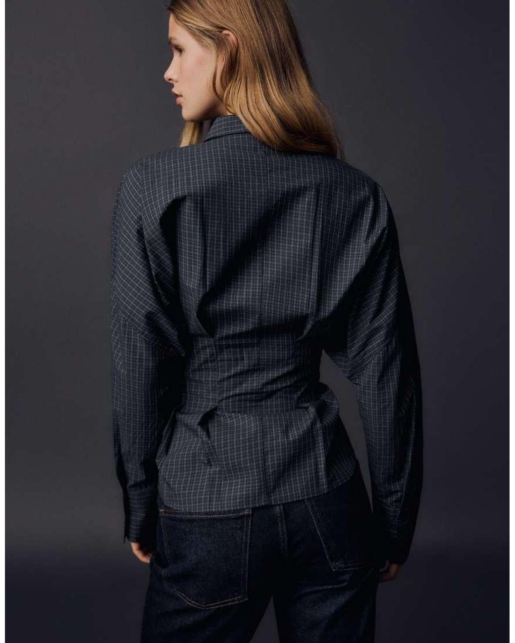Bershka Blue Check Corset Long Sleeve Shirt