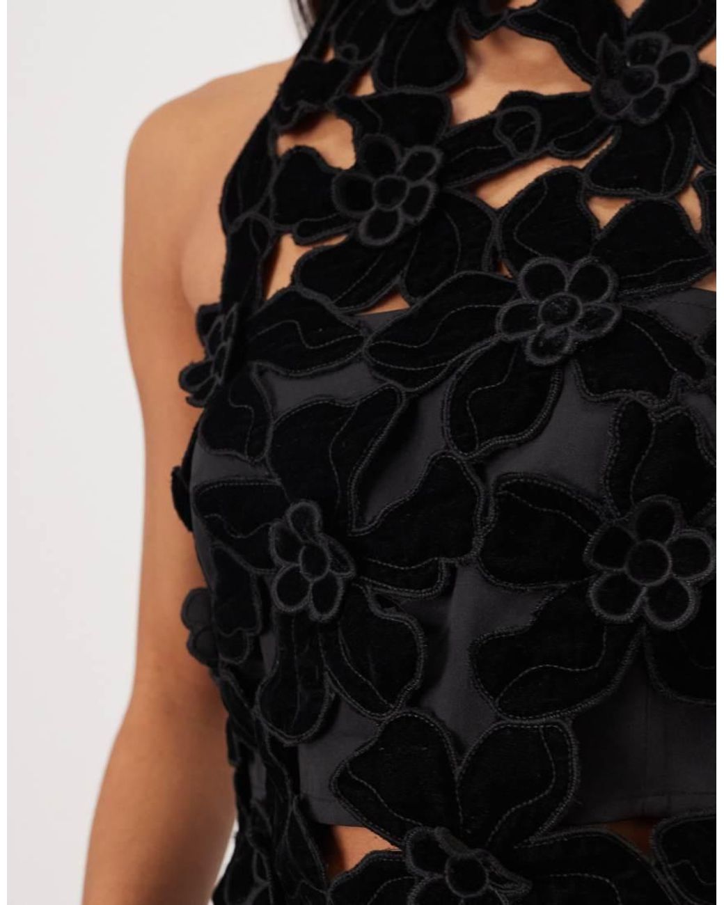 ARRANGE Black Embroidered Velvet Quilted Cut Work Halterneck Top