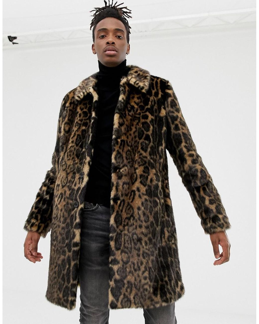 ASOS Longline Faux Fur Jacket In Leopard Print in Brown for Men | Lyst