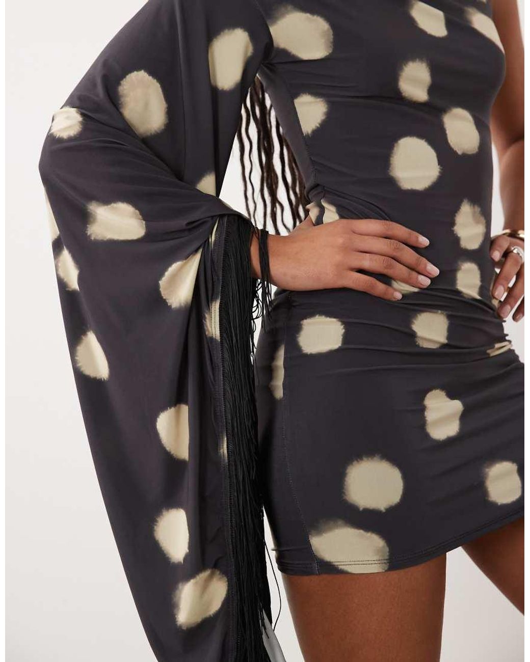 ASOS Black Printed Spot Fringe Detail Mini Dress With Batwing Sleeve