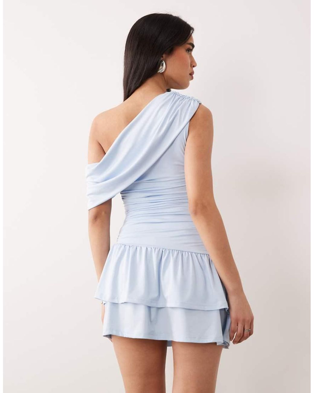 Aria Cove Blue Slinky Drape Asymmetric Shoulder Mini Dress
