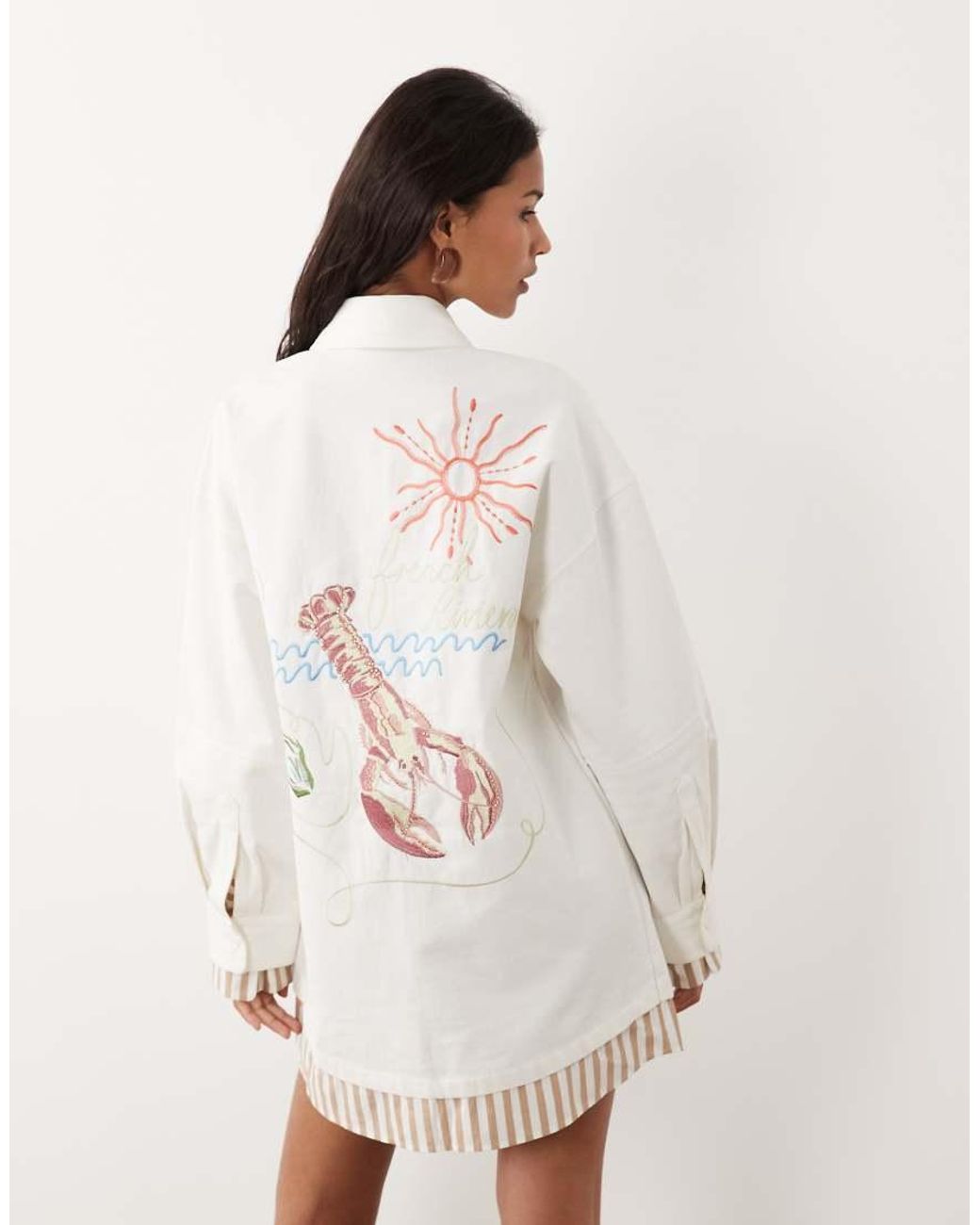 ASOS Natural Oversized Double Layered Shirt Mini Dress With Lobster Embroidery