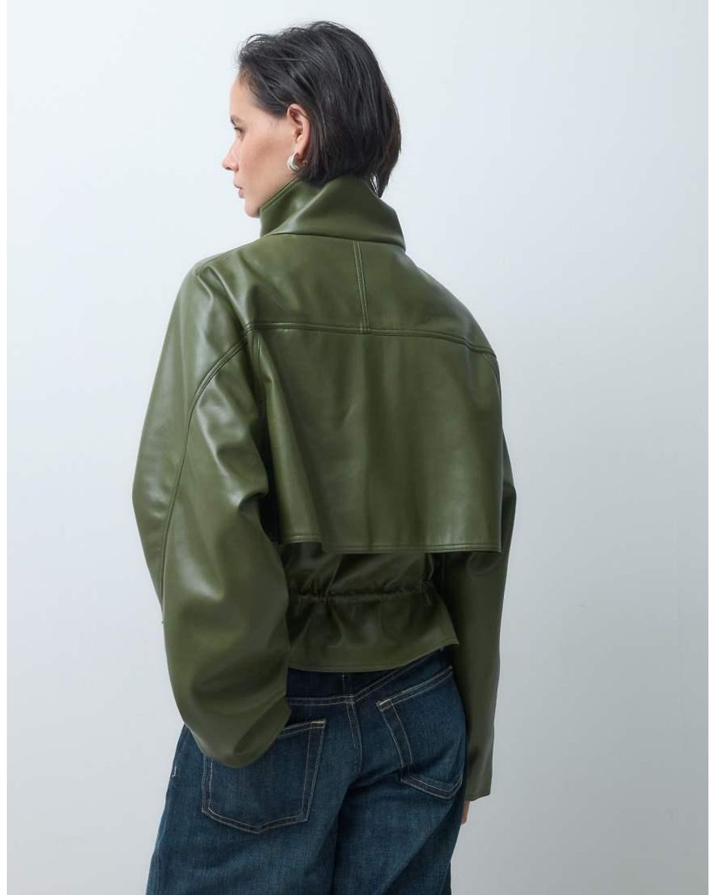 ASOS Green Cinched Waist Leather Look Funnel Jacket