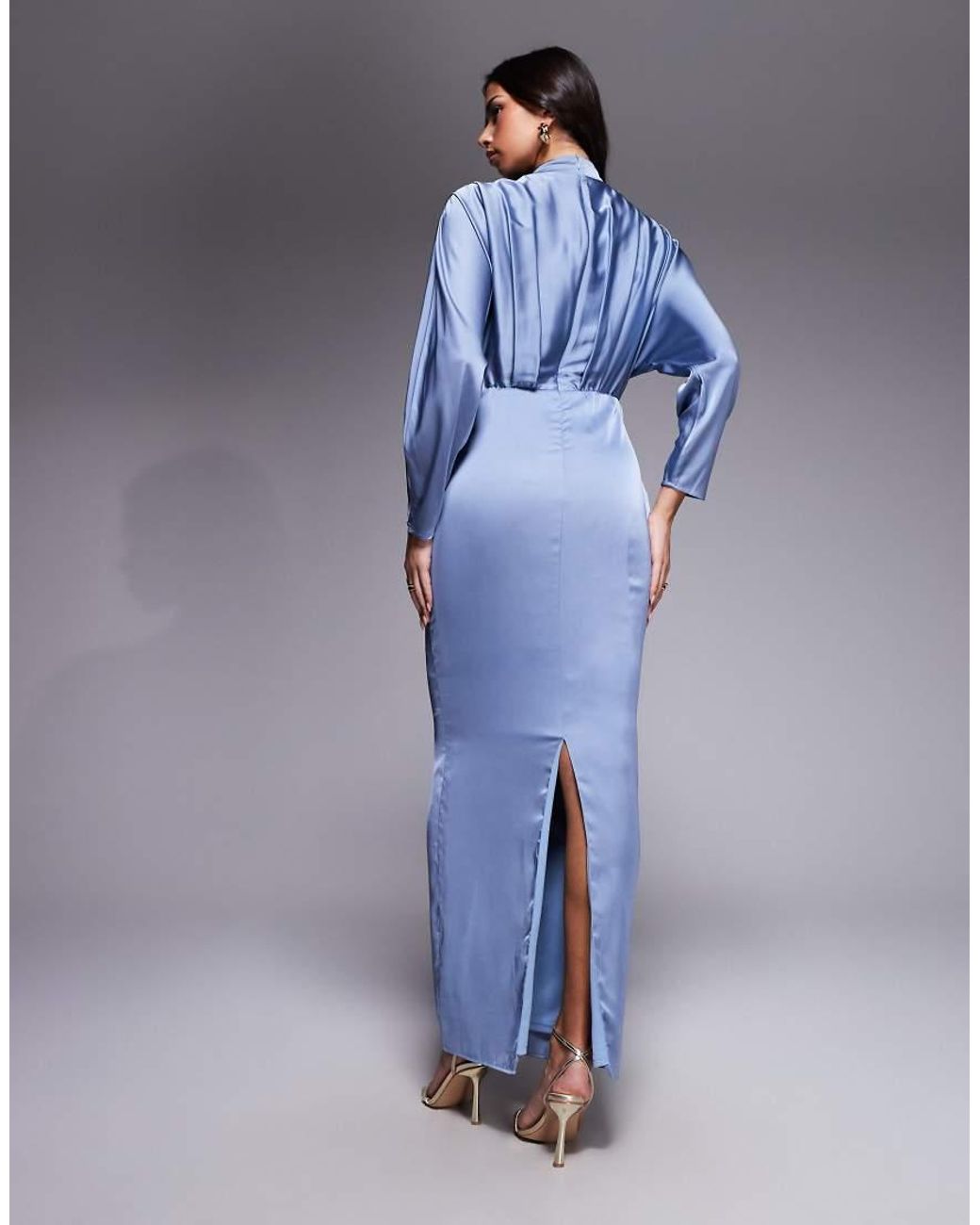 TFNC London Blue Satin High Neck Tuck Detail Maxi Dress