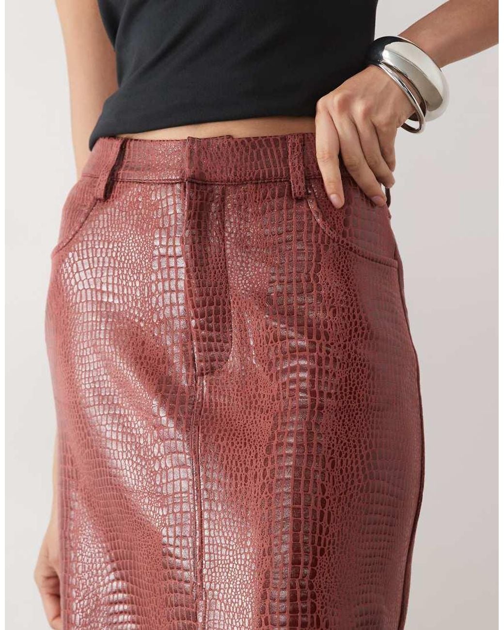 ASOS Red Croc Jersey Leather Look Pencil Skirt
