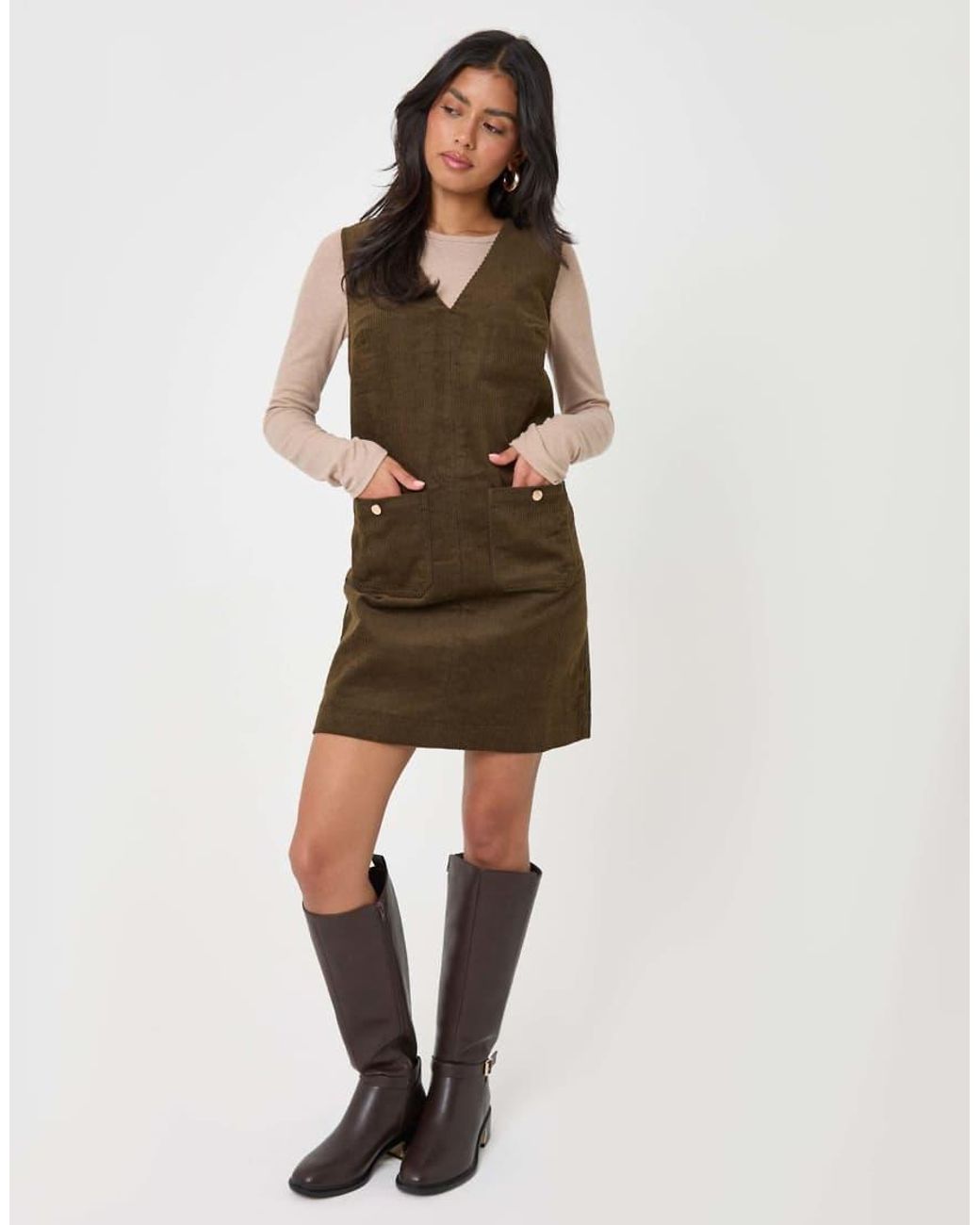 Threadbare Natural Corduroy V Neck Mini Dress
