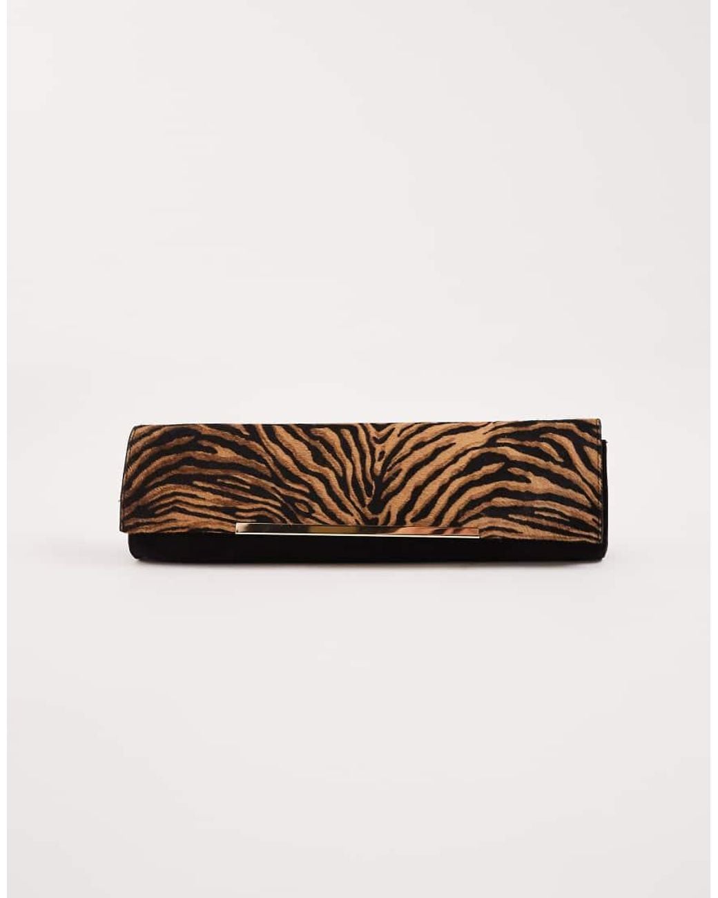 ASOS Blue Suede & Hair On Real Leather With Tiger Print Elongated Clutch Bag With Bar Detail