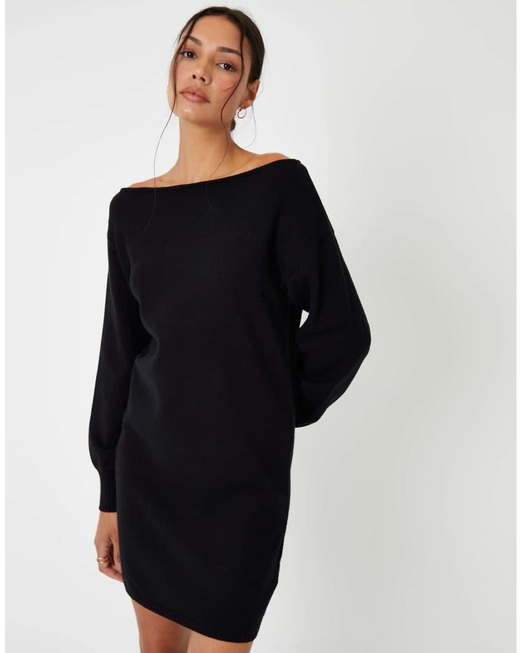 Threadbare Black Petite Slash Neck Mini Jumper Dress
