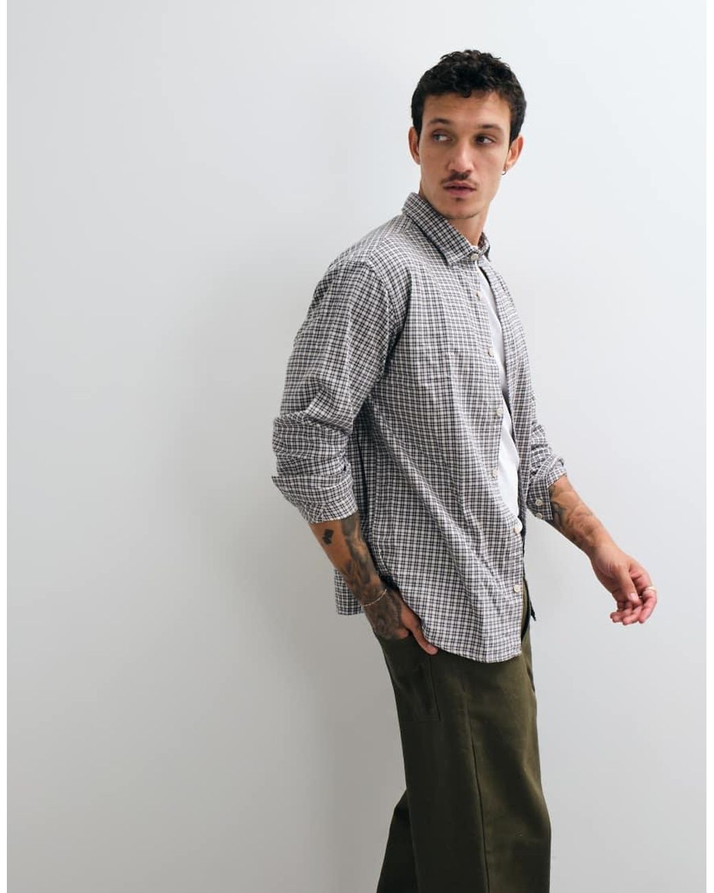 Jack & Jones Gray Micro Check Flannel Shirt for men