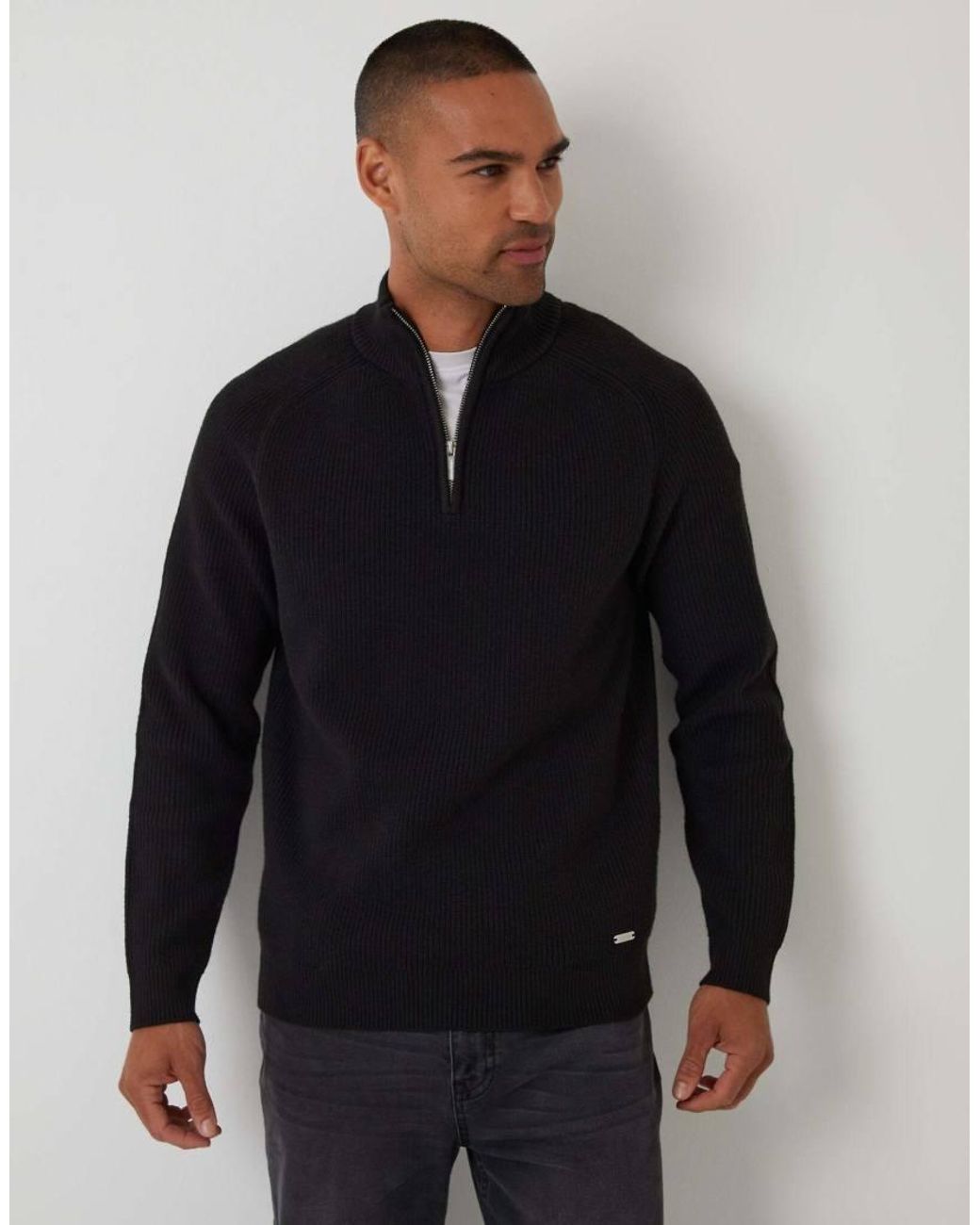 Threadbare Black Cotton Blend Rib Panel Quarter Zip Knitted Jumper for men