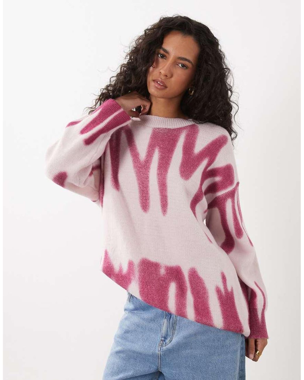 Kiwi & Co Pink Poplar Crew Neck Paint Spill Look Oversized Jumper
